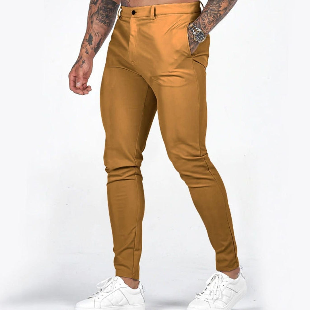 Men's Slim Fit Chino Pants Elastic Waistband Side Pockets - Yellow