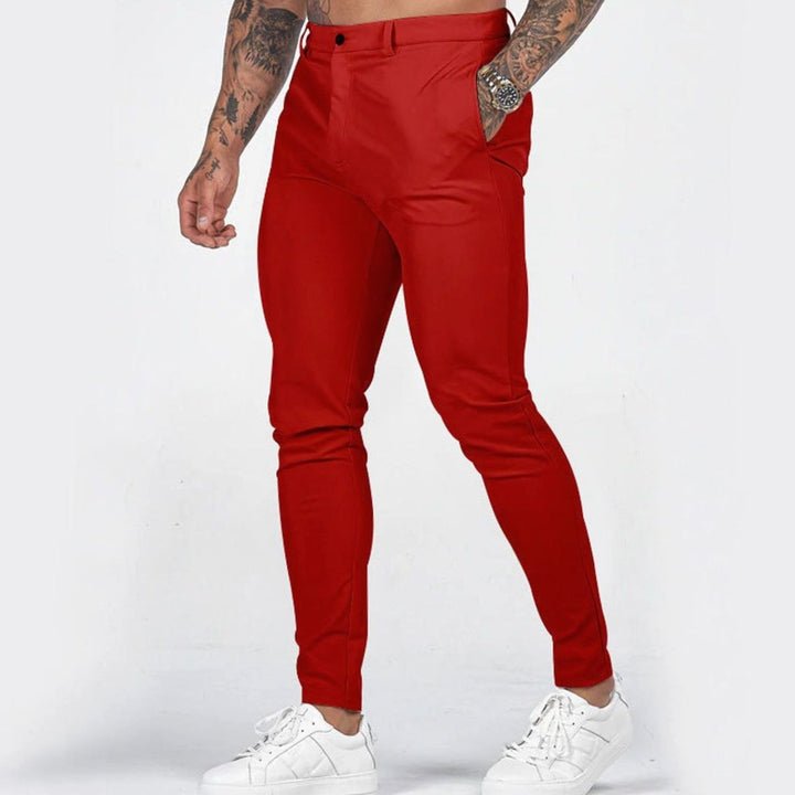 Men's Slim Fit Chino Pants Elastic Waistband Side Pockets - Red