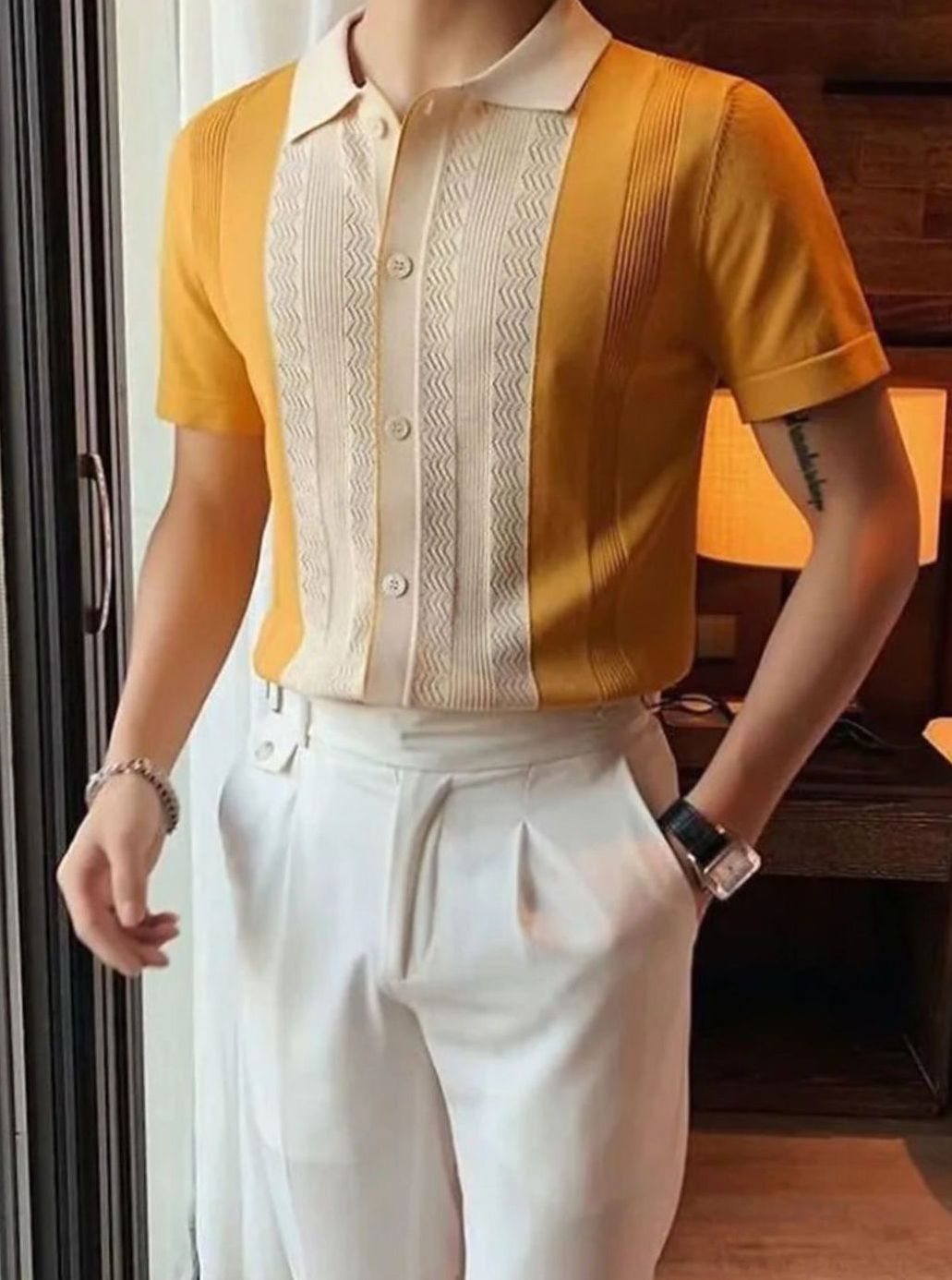 Men's Slim-Fit Color-Block Button-Up Knit Polo Shirt