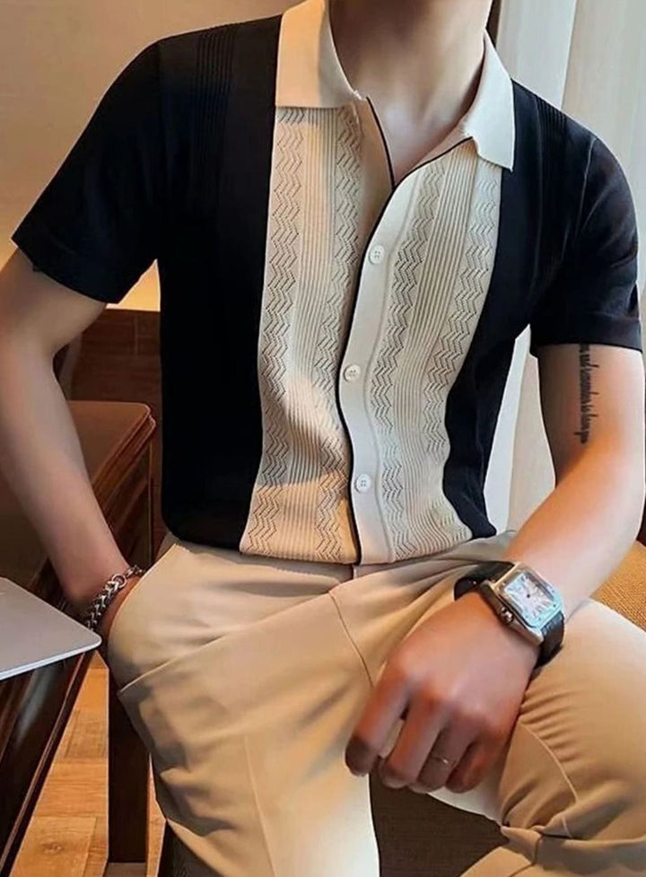 Men's Slim-Fit Color-Block Button-Up Knit Polo Shirt