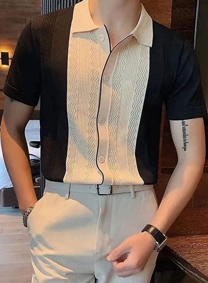 Men's Slim-Fit Color-Block Button-Up Knit Polo Shirt