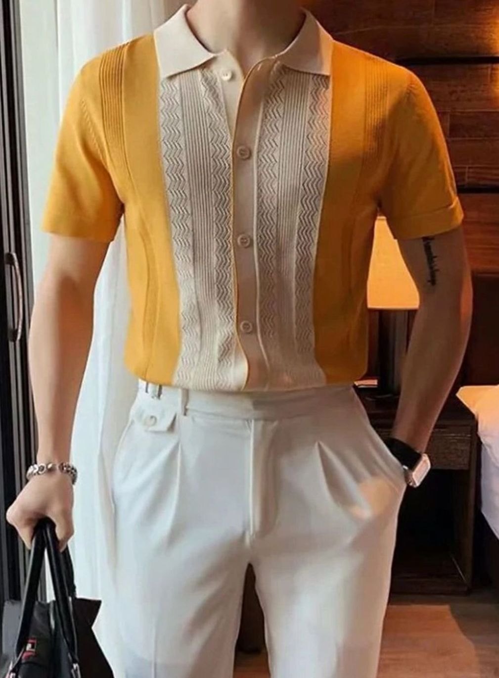Men's Slim-Fit Color-Block Button-Up Knit Polo Shirt - Yellow