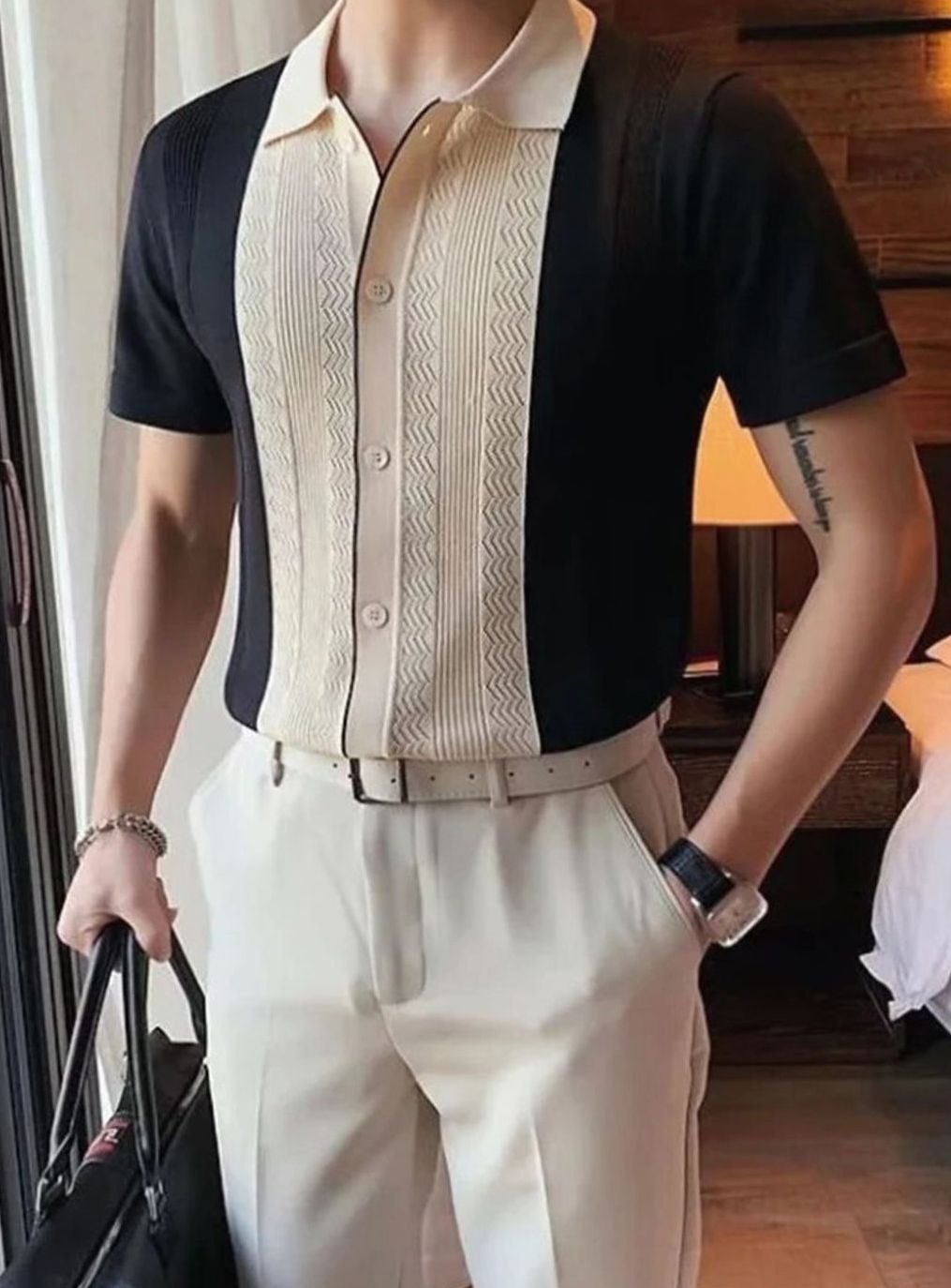 Men's Slim-Fit Color-Block Button-Up Knit Polo Shirt - Black