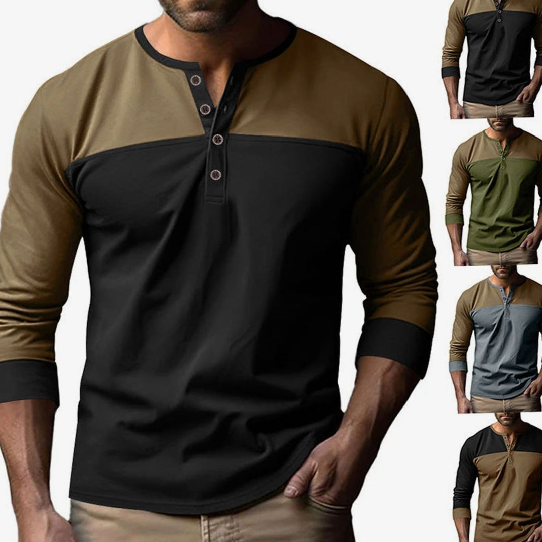 Men's Slim-Fit Color-Block Long Sleeve Henley Shirt