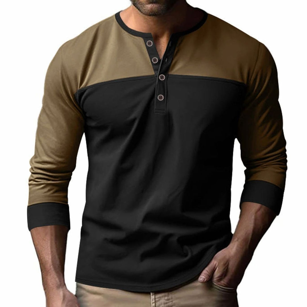 Men's Slim-Fit Color-Block Long Sleeve Henley Shirt - Top Brown / Bottom Black