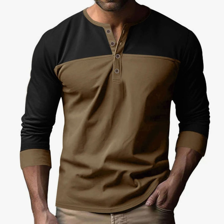 Men's Slim-Fit Color-Block Long Sleeve Henley Shirt - Top Black / Bottom Brown