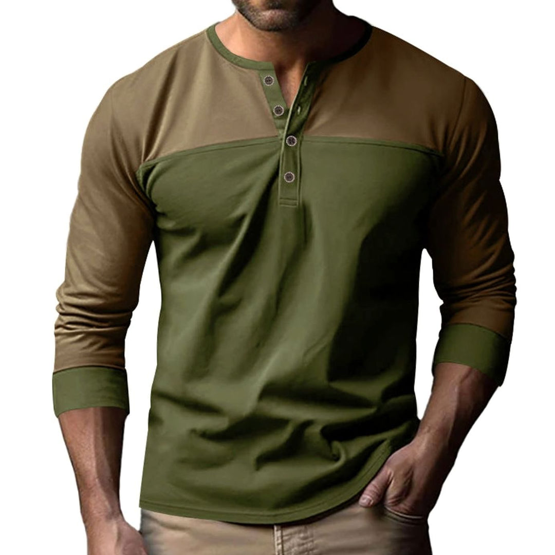 Men's Slim-Fit Color-Block Long Sleeve Henley Shirt - Top Brown / Bottom Olive Green