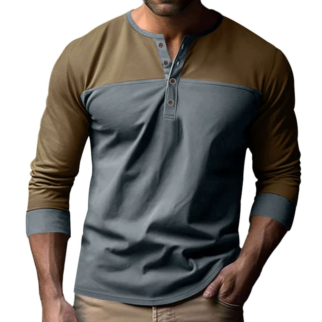 Men's Slim-Fit Color-Block Long Sleeve Henley Shirt - Top Brown / Bottom Iron Gray