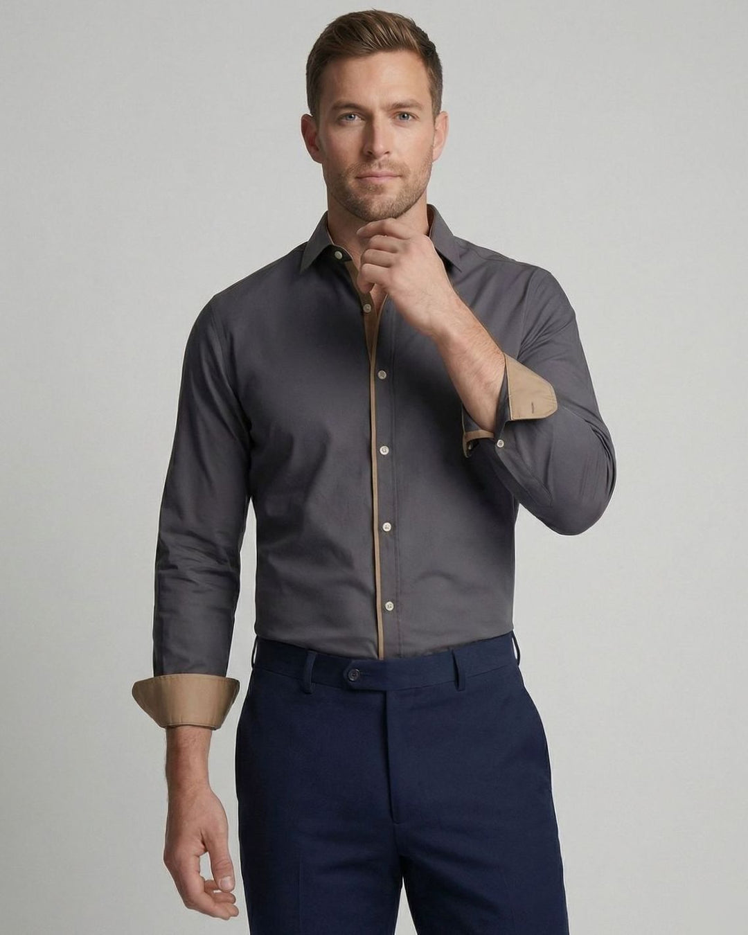 Men's Slim-Fit Contrast-Trim Long Sleeve Dress Shirt - Gray