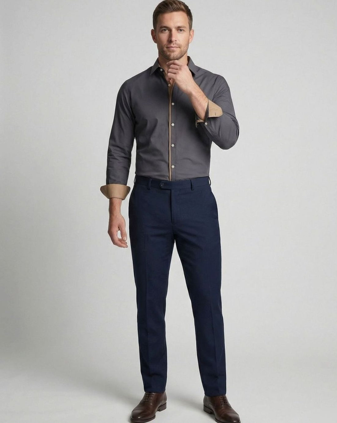 Men's Slim-Fit Contrast-Trim Long Sleeve Dress Shirt