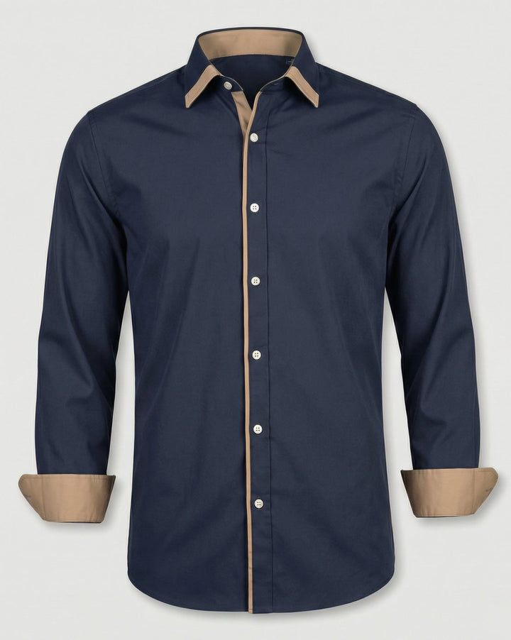 Men's Slim-Fit Contrast-Trim Long Sleeve Dress Shirt - Dark Navy