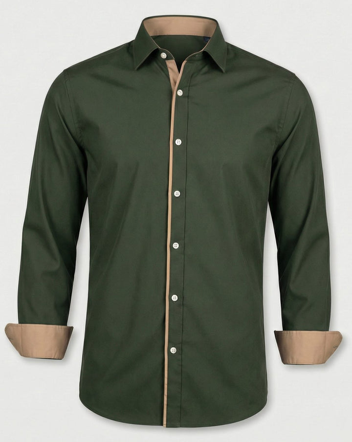 Men's Slim-Fit Contrast-Trim Long Sleeve Dress Shirt - Green