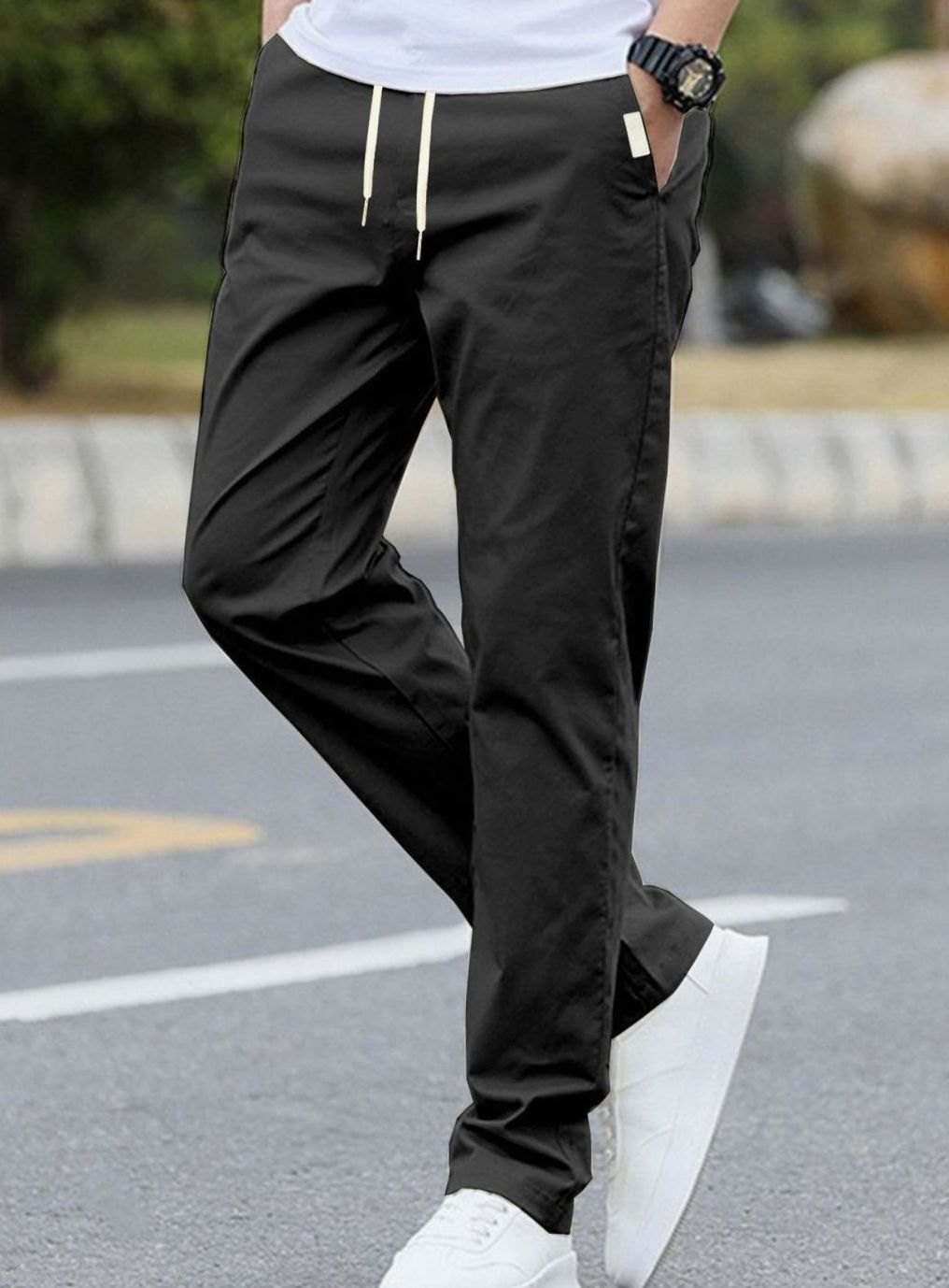 Men's Slim-Fit Drawstring Elastic Waist Khaki Pants Sportliche - Black