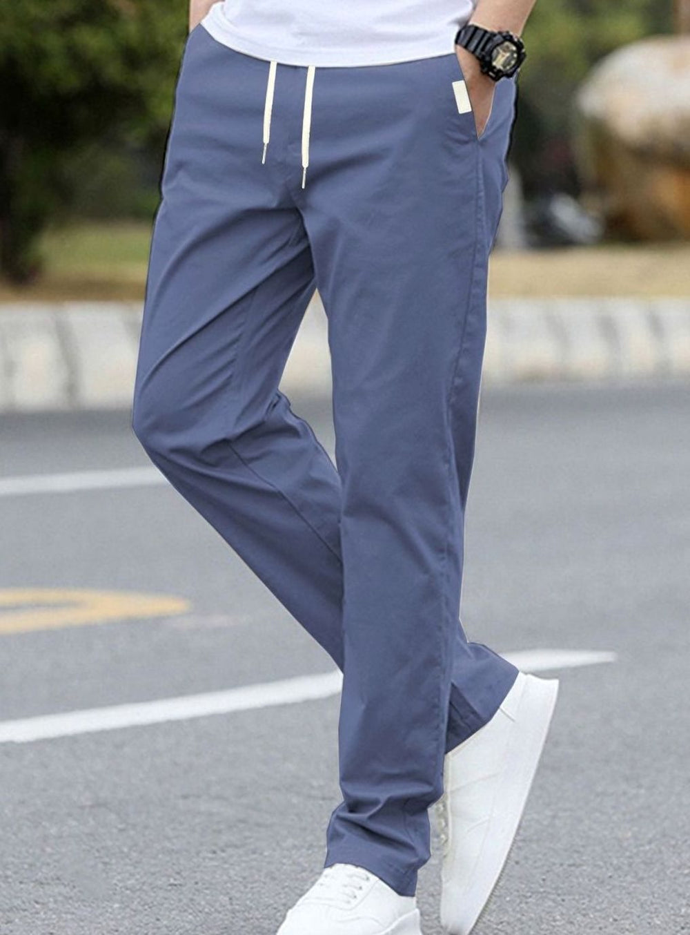 Men's Slim-Fit Drawstring Elastic Waist Khaki Pants Sportliche - Blue