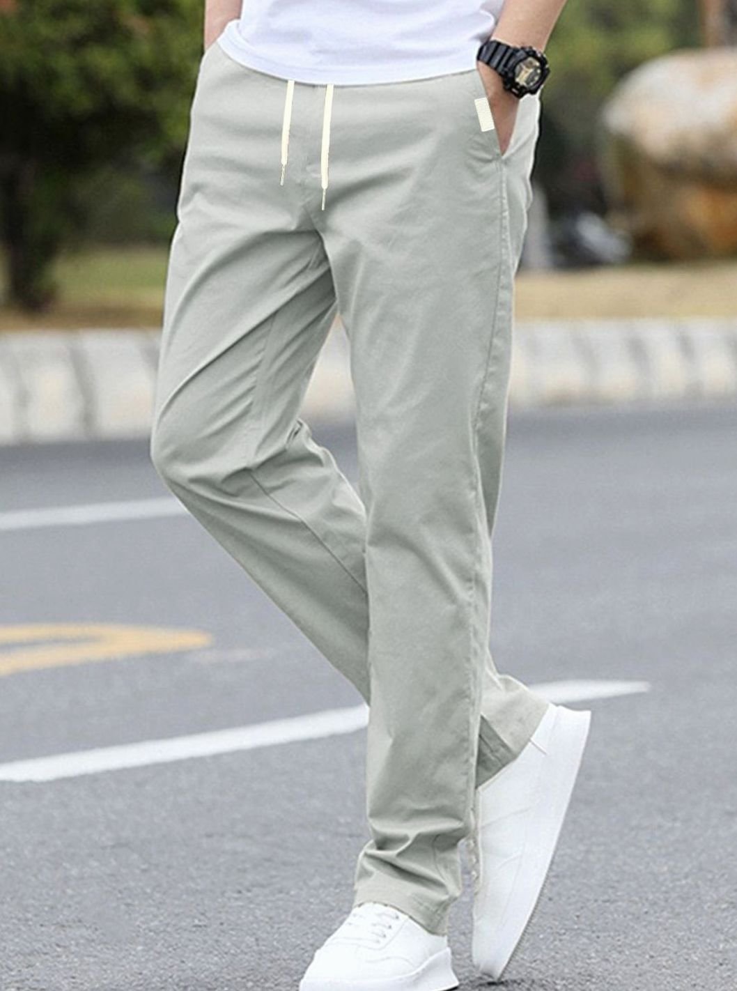 Men's Slim-Fit Drawstring Elastic Waist Khaki Pants Sportliche - Light Gray