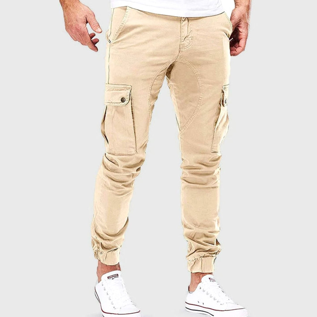 Men's Slim-Fit Elastic-Cuff Multi-Pocket Cargo Pants - Beige