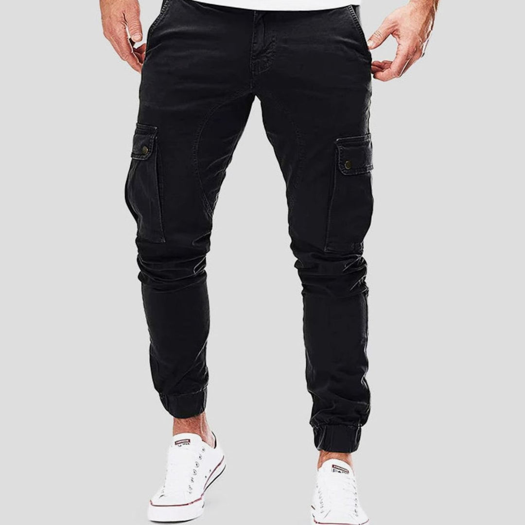 Men's Slim-Fit Elastic-Cuff Multi-Pocket Cargo Pants - Black