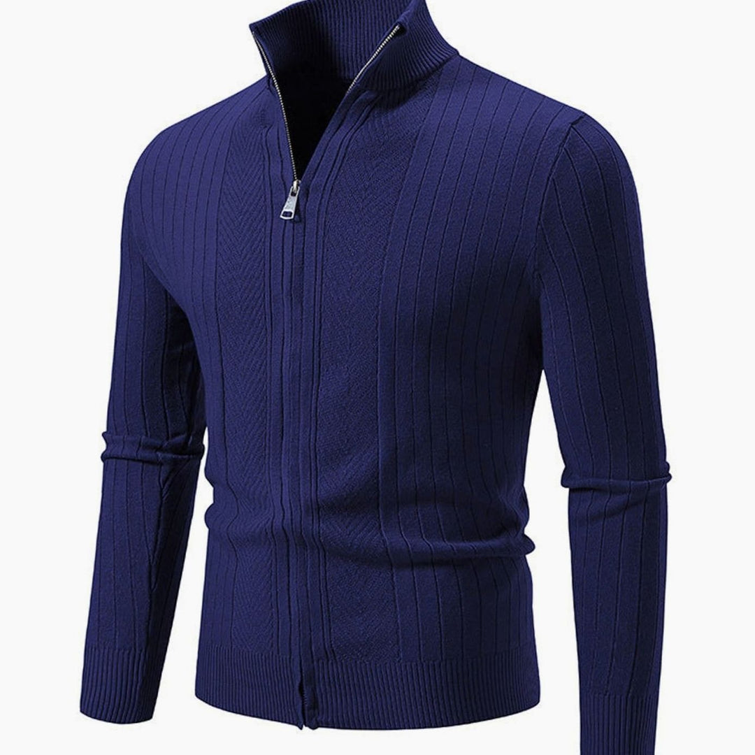 Men's Slim-Fit Full-Zip Ribbed Stand-Collar Cardigan Sweater - Navy Blue