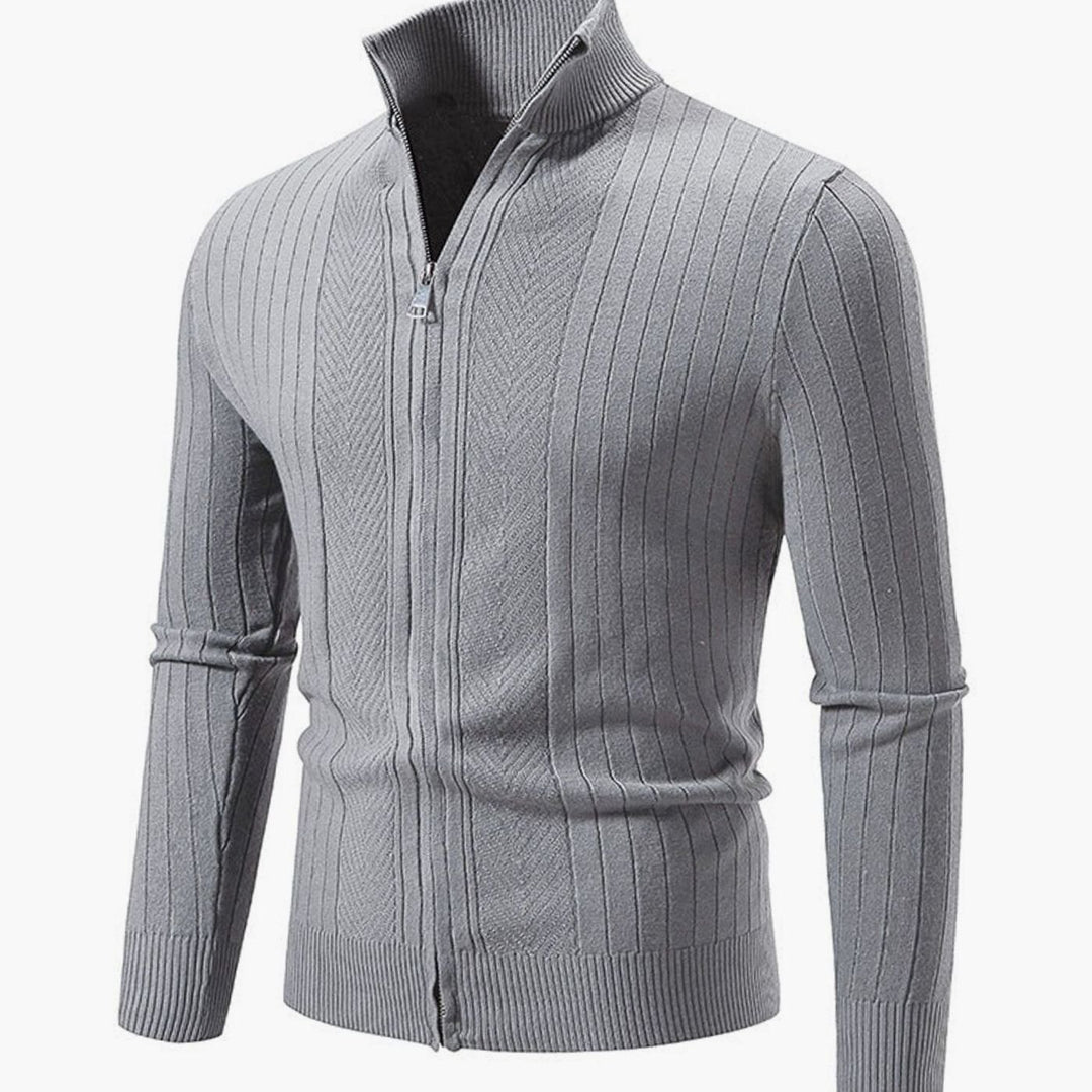 Men's Slim-Fit Full-Zip Ribbed Stand-Collar Cardigan Sweater - Light Gray