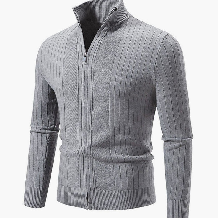 Men's Slim-Fit Full-Zip Ribbed Stand-Collar Cardigan Sweater - Light Gray