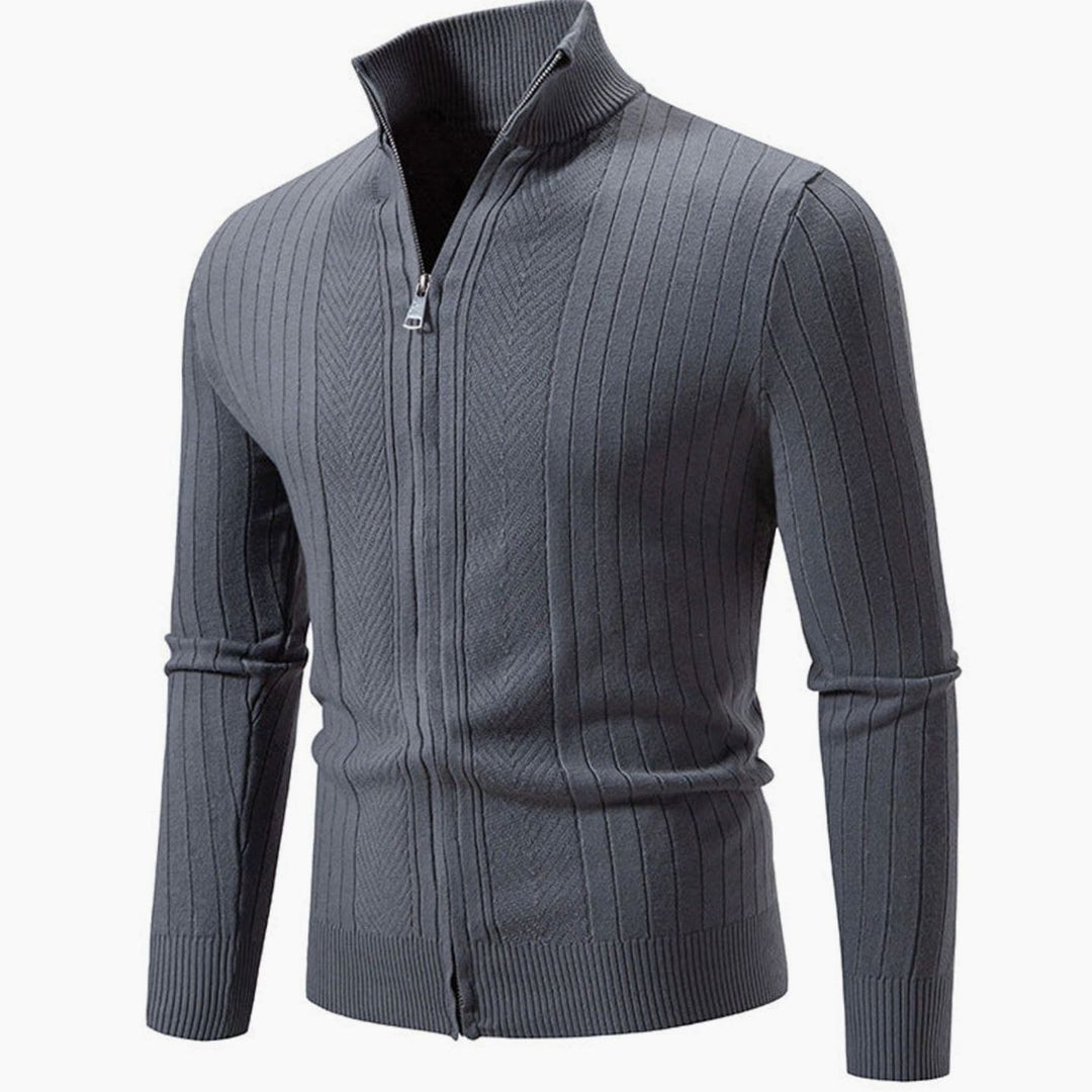 Men's Slim-Fit Full-Zip Ribbed Stand-Collar Cardigan Sweater - Dark Gray