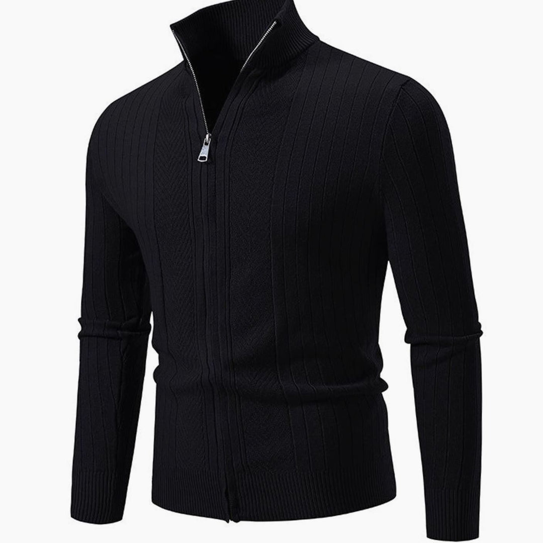 Men's Slim-Fit Full-Zip Ribbed Stand-Collar Cardigan Sweater - Black