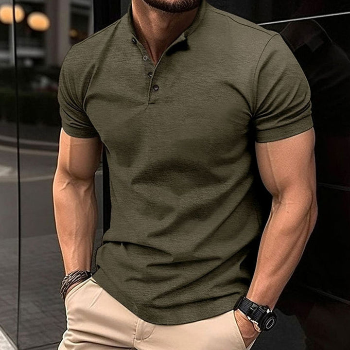 Men's Slim-Fit Henley Polo Shirt Four-Button Short Sleeve - Army Green