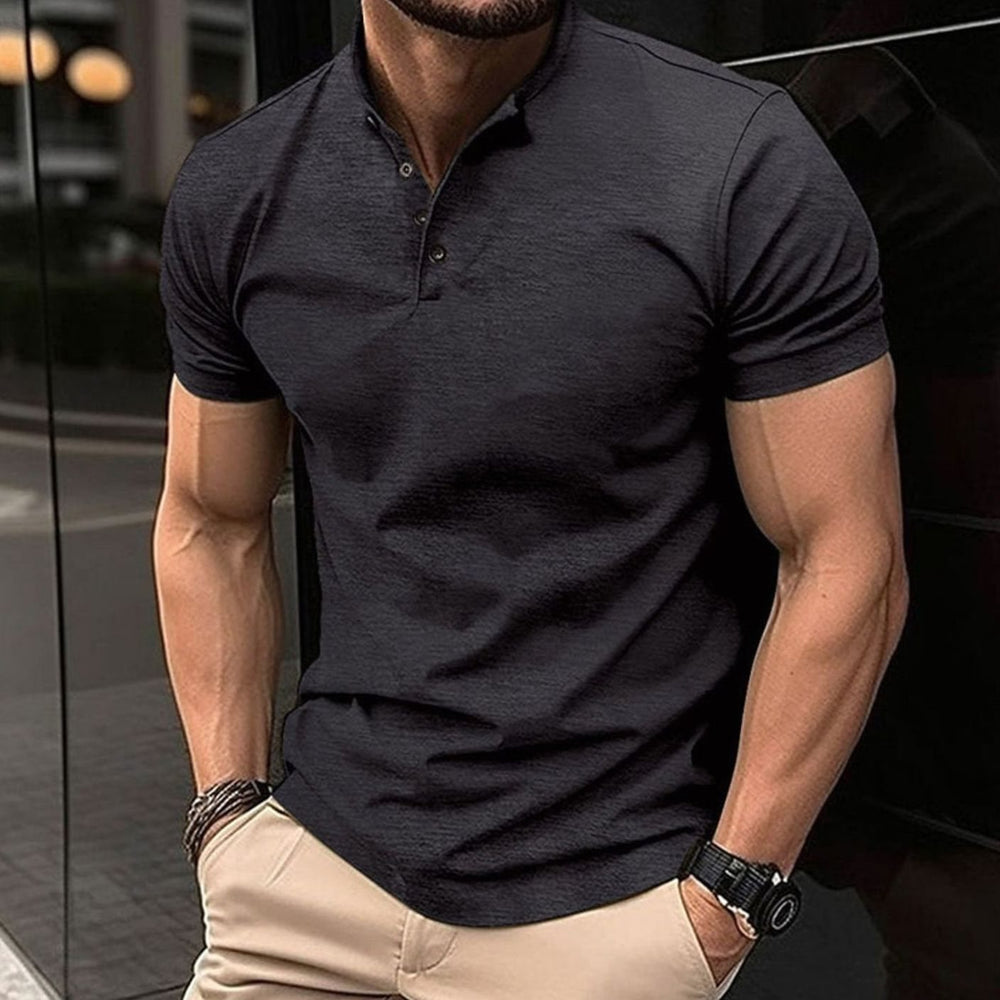 Men's Slim-Fit Henley Polo Shirt Four-Button Short Sleeve - Black