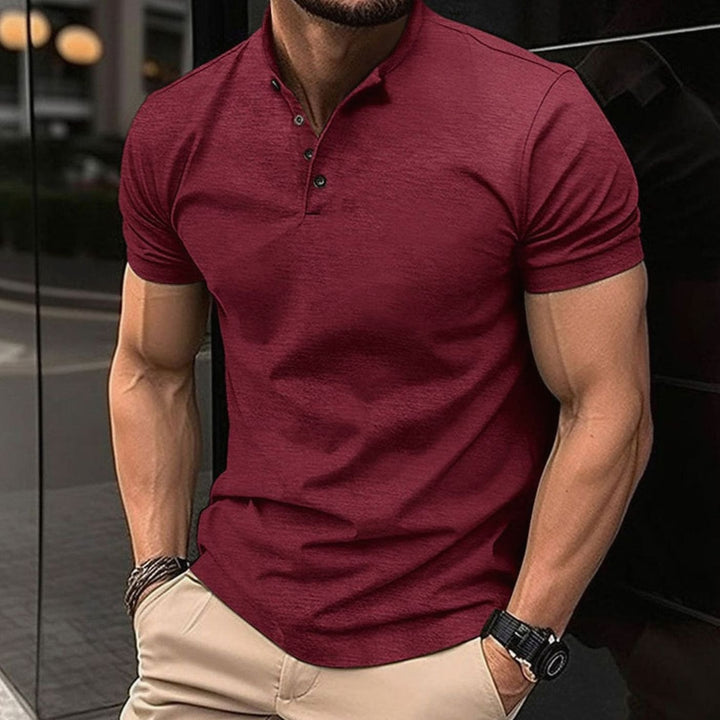 Men's Slim-Fit Henley Polo Shirt Four-Button Short Sleeve - Burgundy