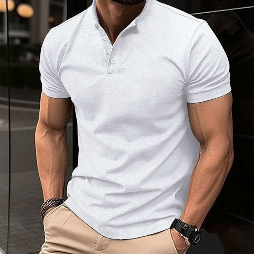 Men's Slim-Fit Henley Polo Shirt Four-Button Short Sleeve - White