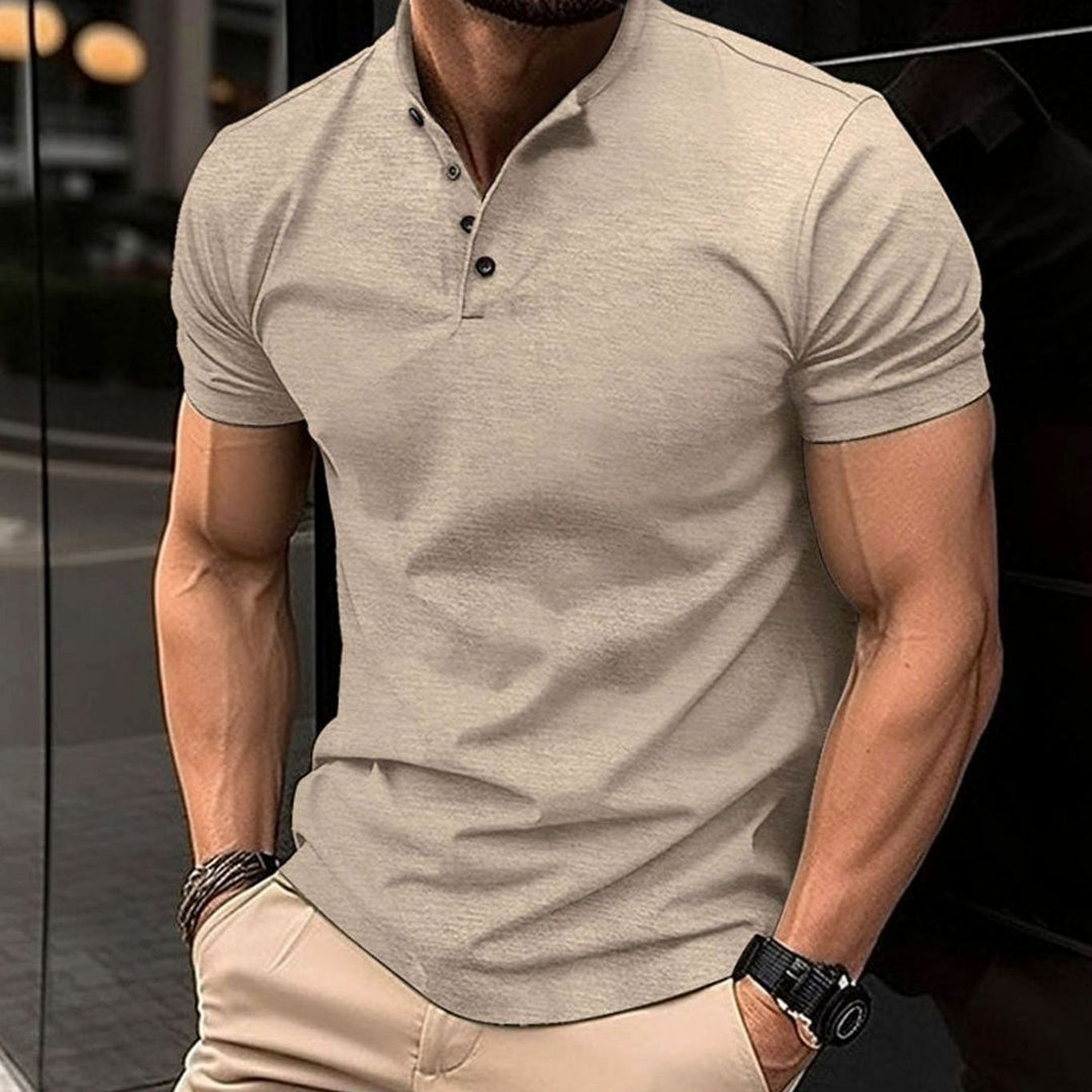 Men's Slim-Fit Henley Polo Shirt Four-Button Short Sleeve - Khaki