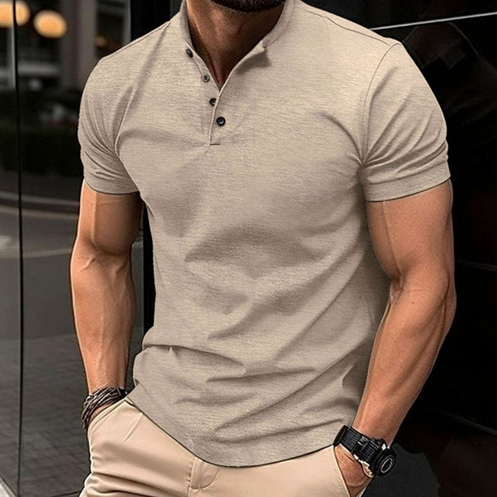 Men's Slim-Fit Henley Polo Shirt Four-Button Short Sleeve - Khaki