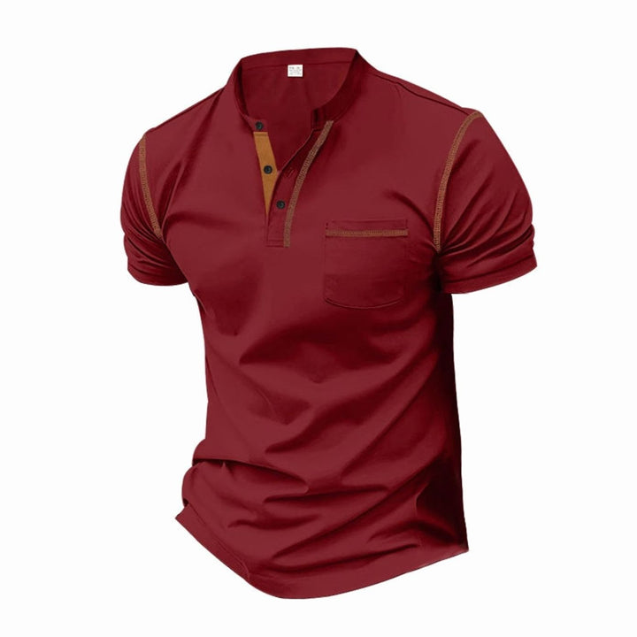Men's Slim-Fit Henley Shirt Contrast-Stitch Chest Pocket - Burgundy