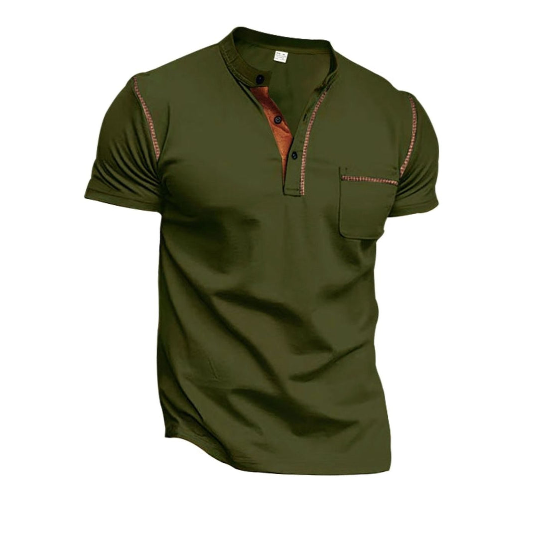 Men's Slim-Fit Henley Shirt Contrast-Stitch Chest Pocket - Olive Green