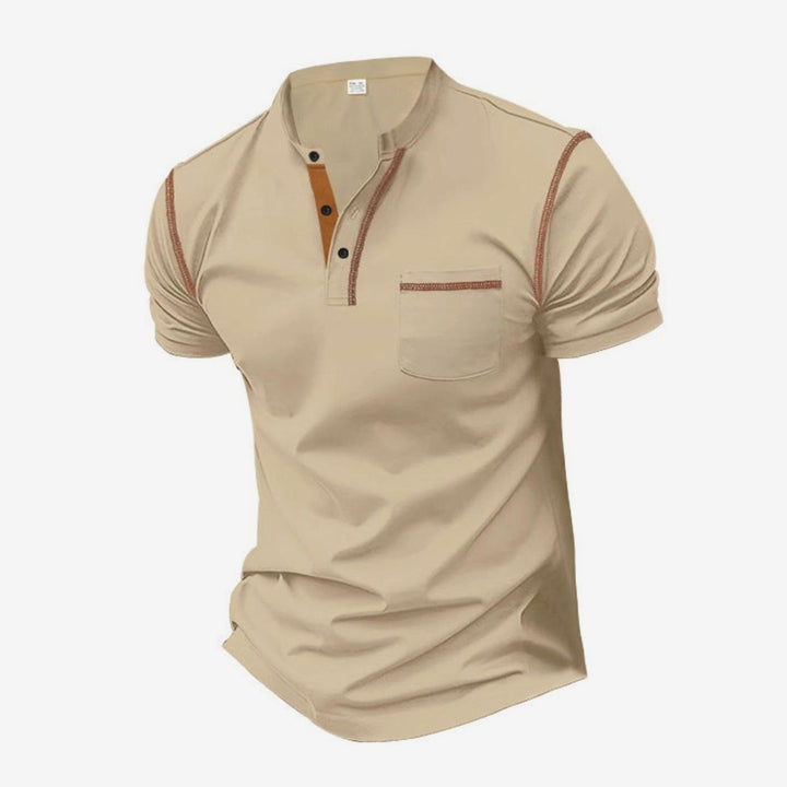 Men's Slim-Fit Henley Shirt Contrast-Stitch Chest Pocket - Khaki