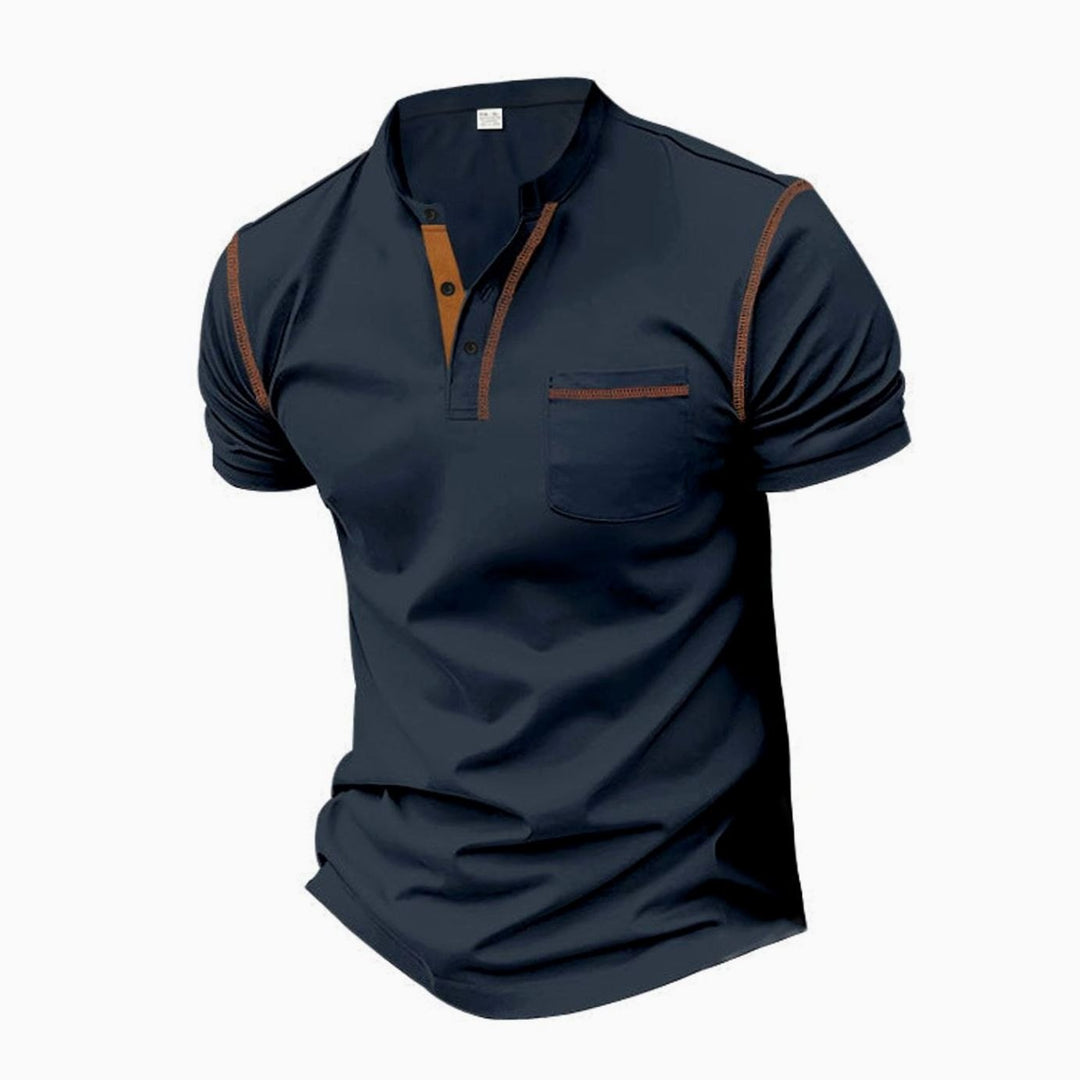 Men's Slim-Fit Henley Shirt Contrast-Stitch Chest Pocket - Navy Blue