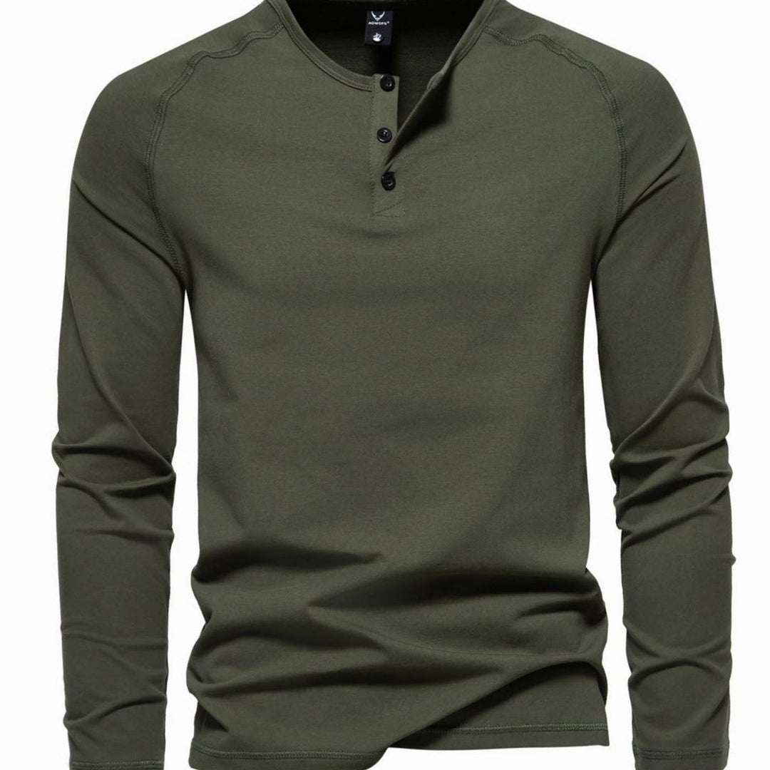 Men's Slim-Fit Long Sleeve Cotton Blend Henley Shirt - Army Green