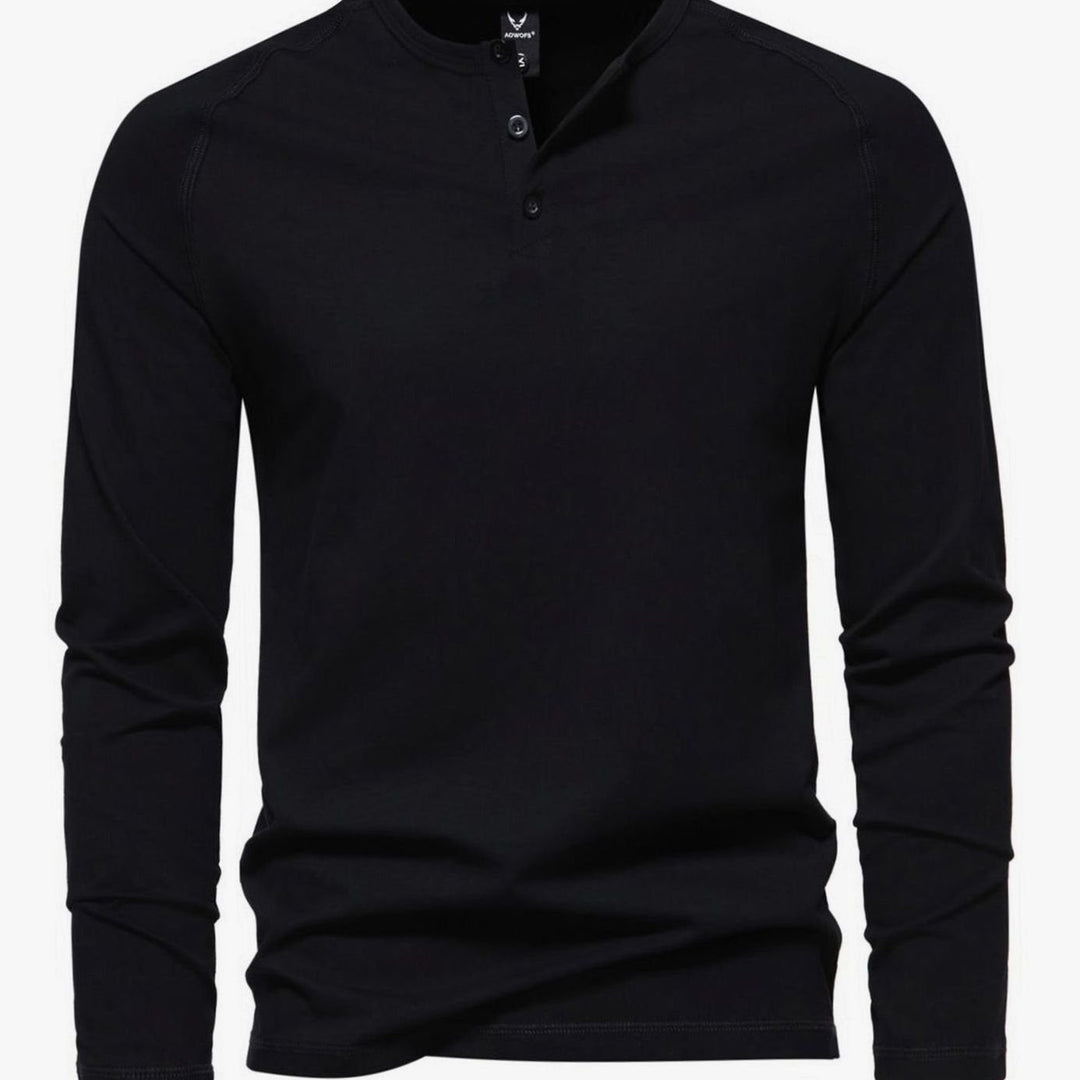 Men's Slim-Fit Long Sleeve Cotton Blend Henley Shirt - Black