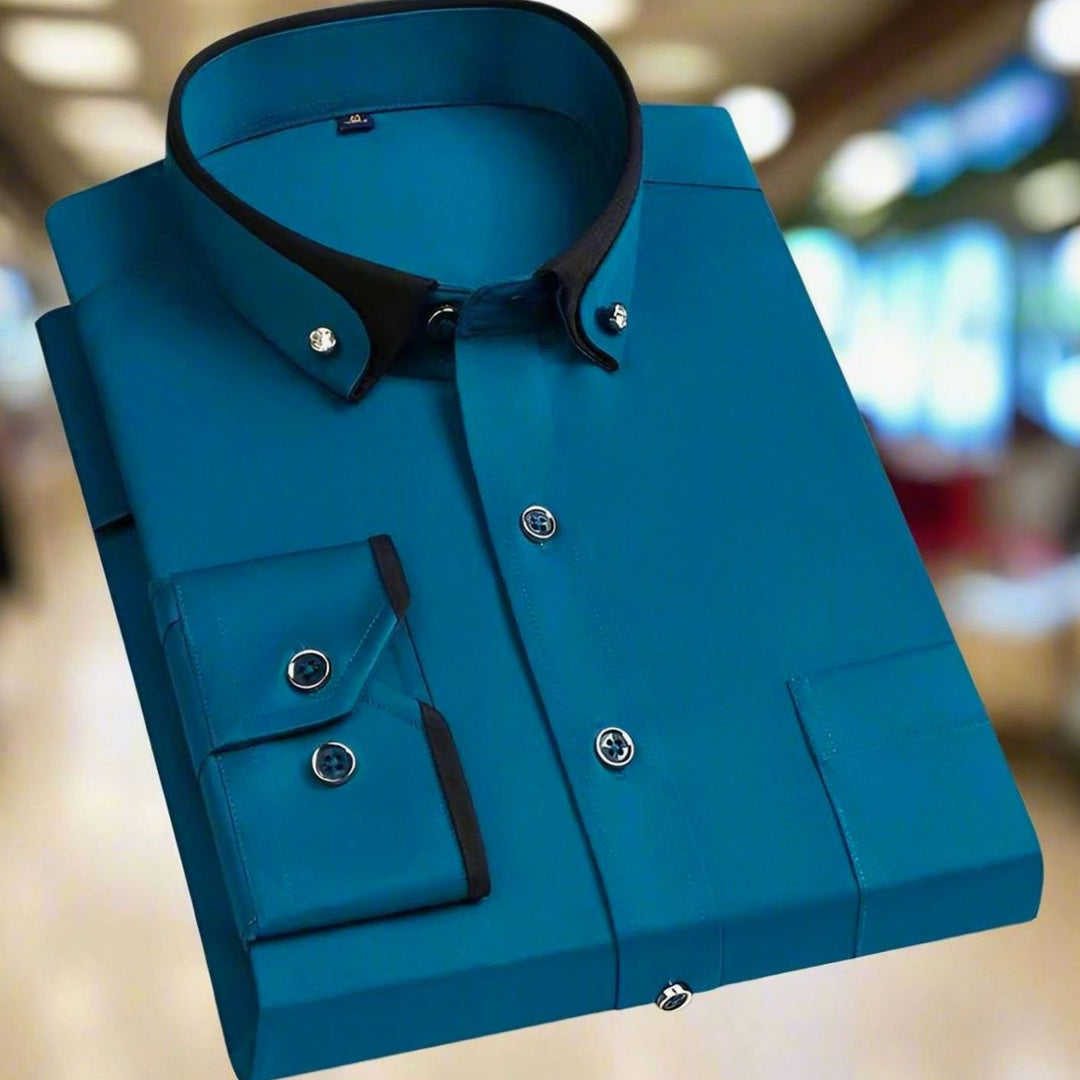 Men's Slim-Fit Long-Sleeve Dress Shirt Contrast Collar - Teal Blue
