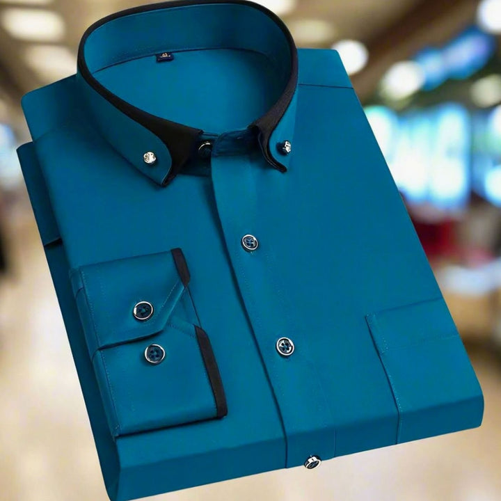 Men's Slim-Fit Long-Sleeve Dress Shirt Contrast Collar - Teal Blue