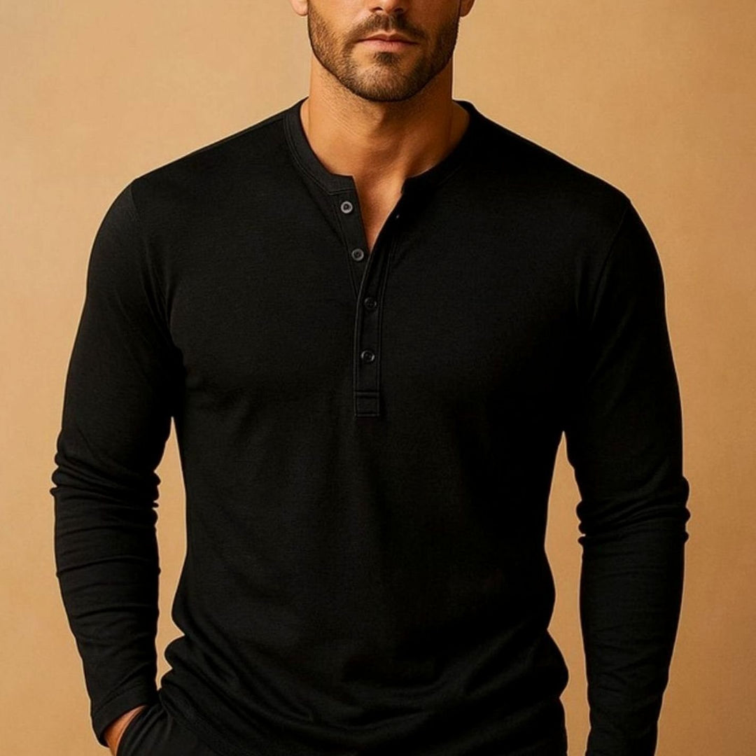 Men's Slim Fit Long Sleeve Henley Shirt - Black