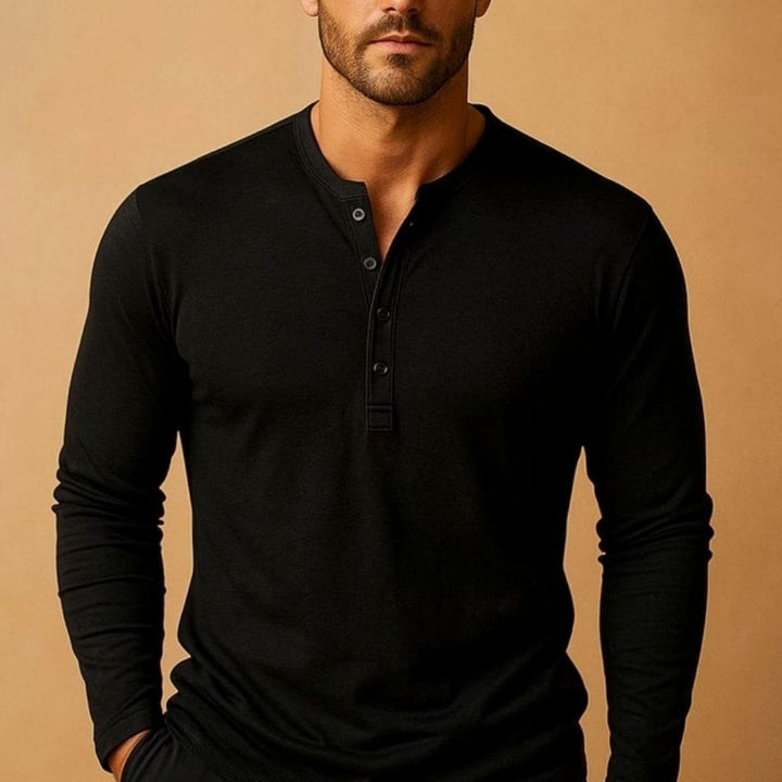 Men's Slim Fit Long Sleeve Henley Shirt - Black
