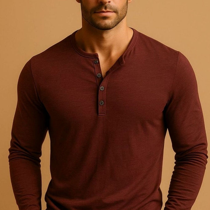 Men's Slim Fit Long Sleeve Henley Shirt - Wine Red