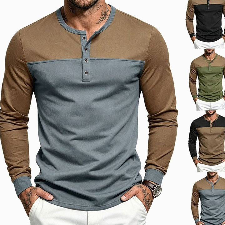 Men's Slim-Fit Long Sleeve Henley Shirt Contrast Colorblock