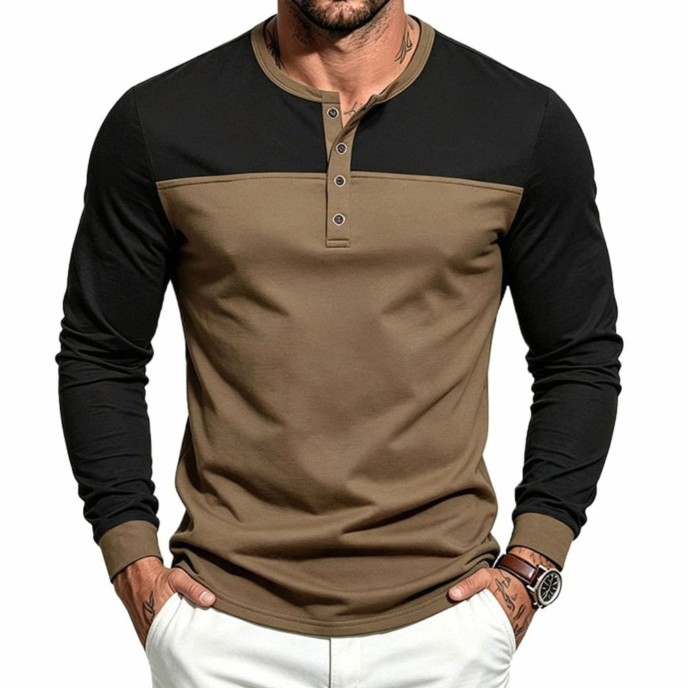 Men's Slim-Fit Long Sleeve Henley Shirt Contrast Colorblock