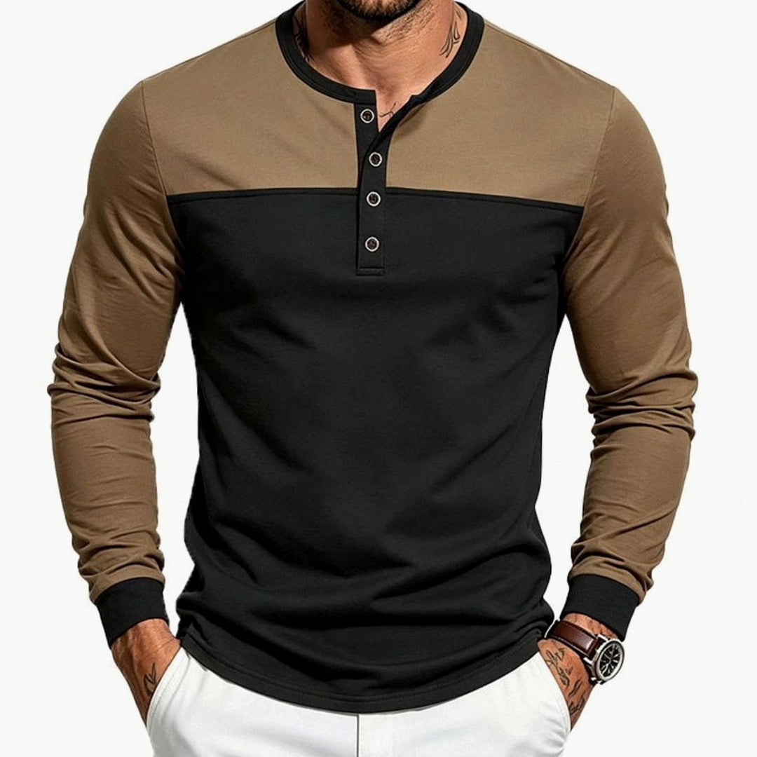 Men's Slim-Fit Long Sleeve Henley Shirt Contrast Colorblock