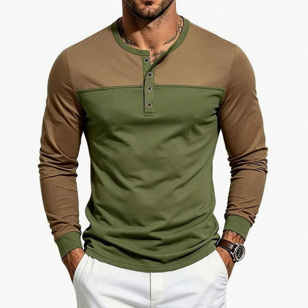 Men's Slim-Fit Long Sleeve Henley Shirt Contrast Colorblock