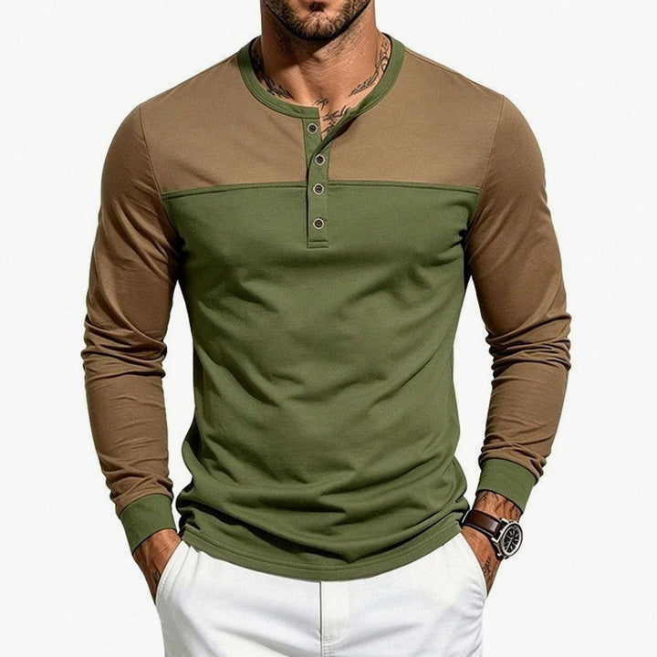 Men's Slim-Fit Long Sleeve Henley Shirt Contrast Colorblock