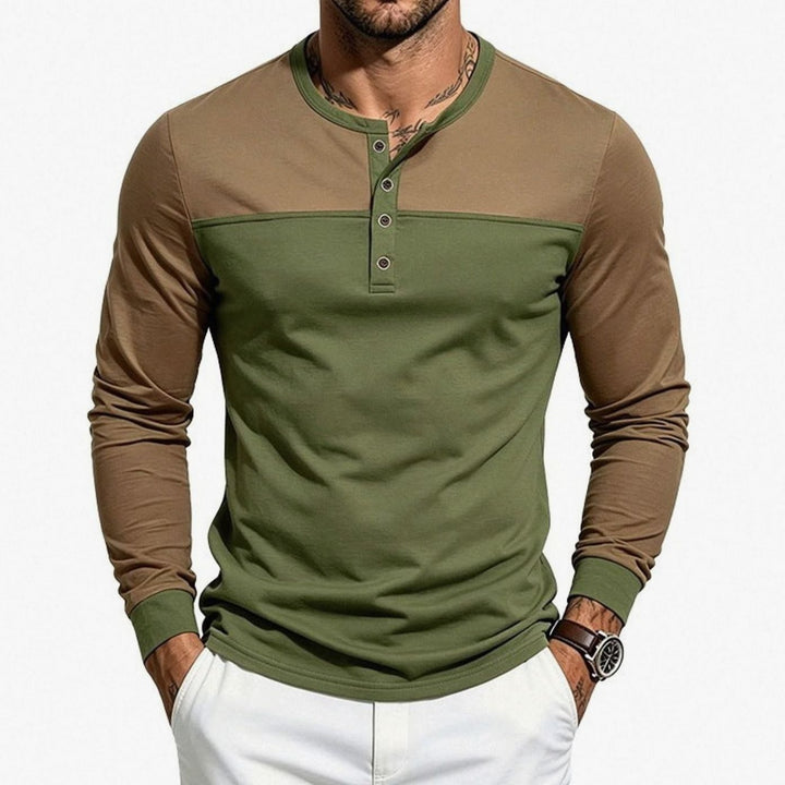 Men's Slim-Fit Long Sleeve Henley Shirt Contrast Colorblock