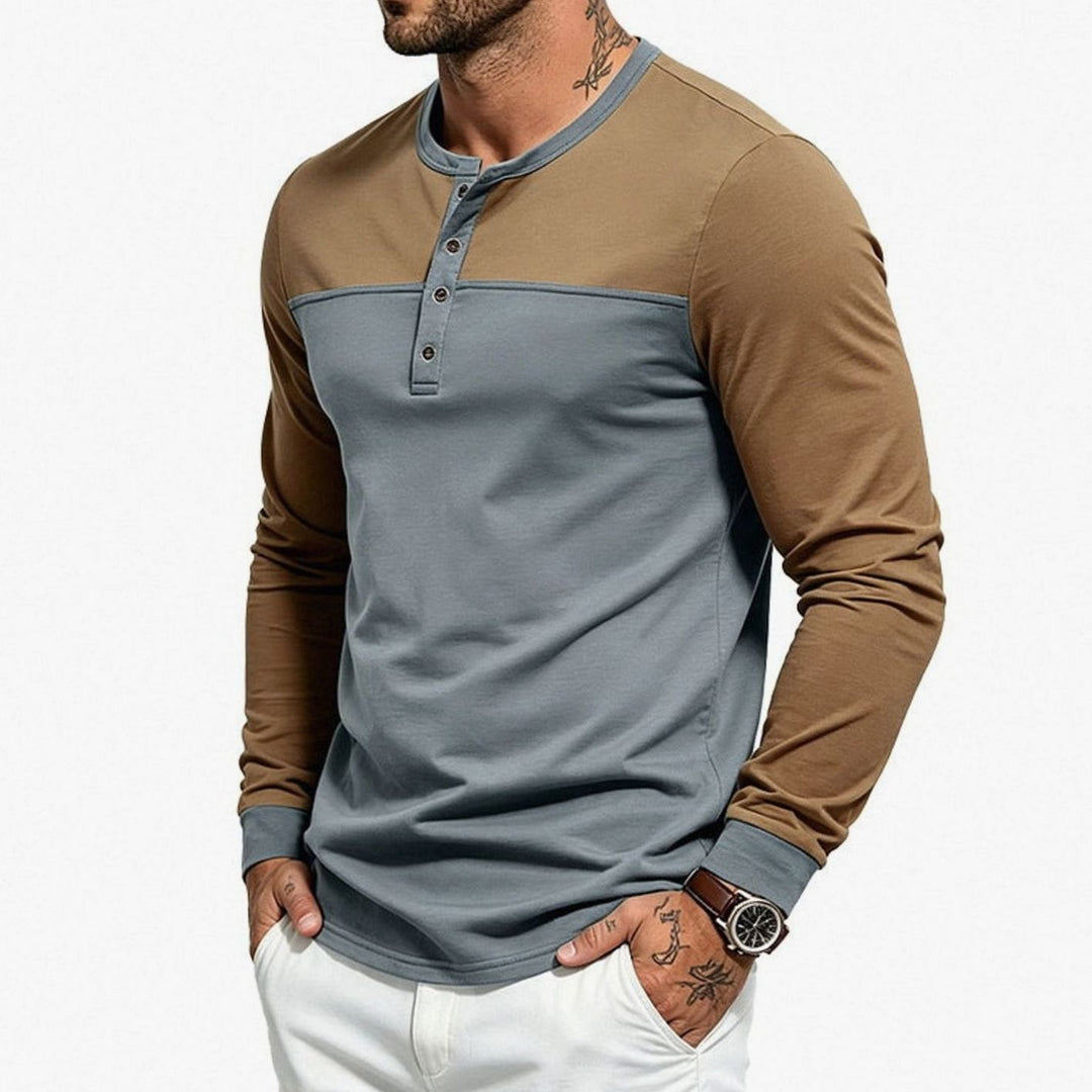 Men's Slim-Fit Long Sleeve Henley Shirt Contrast Colorblock - Brown Top / Gray Bottom